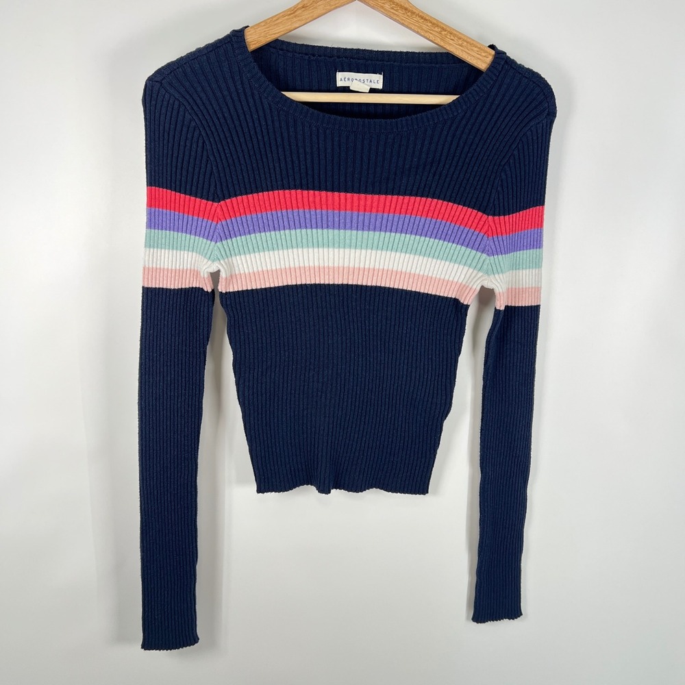 Aeropostale Womens Navy Blue Ribbed Rainbow Stripe Long Sleeve Sweater M